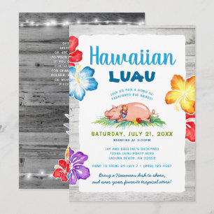 Convite Luau Tropical Havaiano   Porco Assado Floral Rústi