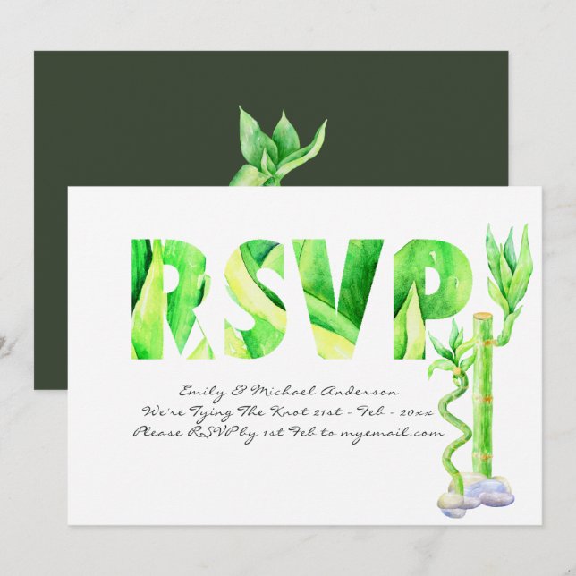 Convite Lucky Bamboo Weding RSVP Verde Branco Fresco (Frente/Verso)