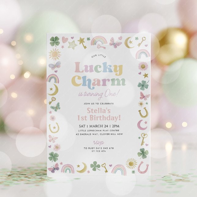 Convite Lucky Charm 1st Birthday St Patricks Day Rainbow (Lucky Charm! St Patrick's Day 1st birthday invitation in pastel colours. )