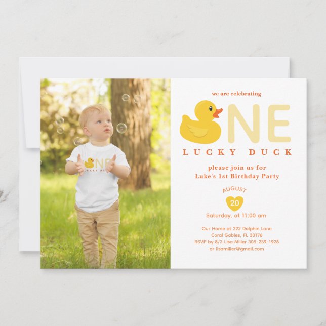 Convite Lucky Duck First Birthday Photo Invitation (Frente)