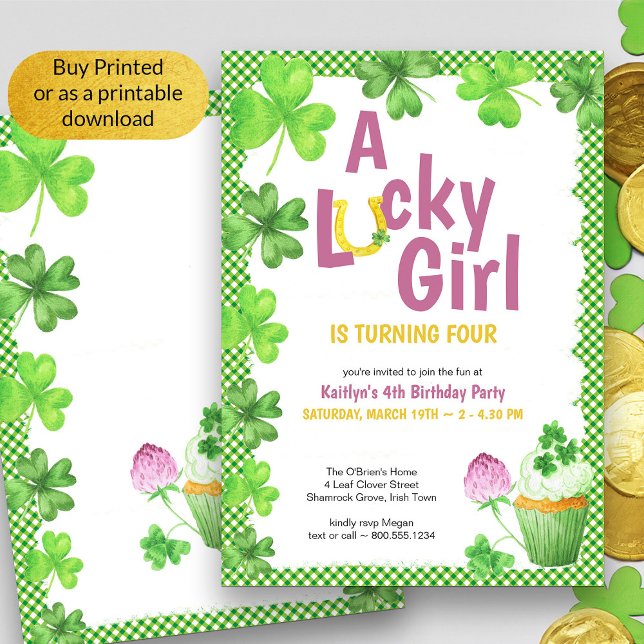 Convite Lucky Girl Shamrock and Muffin Festa de aniversári (Girls Birthday St Patricks Theme invitation - available printed or as a printable digital download)