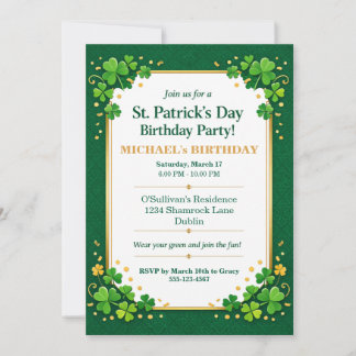 Convite Lucky Green Gold Festive Shamrock Clover Birthday