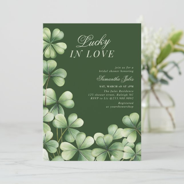 Convite Lucky in Love Bridal Shower Green Shamrock  (Em pé/Frente)