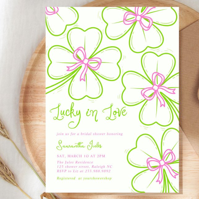 Convite Lucky in Love Bridal Shower Pink Green Shamrock  (Criador carregado)