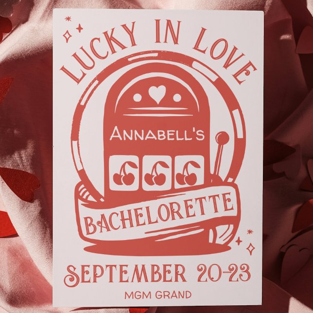Convite Lucky in Love Casino Hand Desenhou a Bachelorette  (lucky in love Vegas bachelorette party invitation hand drawn quirky fun slot machine weekend invite)