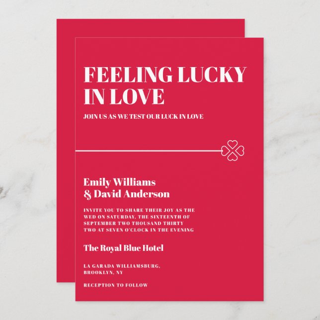 Convite Lucky in Love Crimson Red Minimal Weding (Frente/Verso)