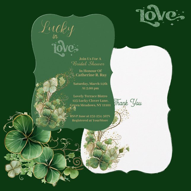 Convite Lucky in Love Dourado Shimmer Shamrock Chá de pane (Lucky in Love Gold Shimmer Shamrock Bridal Shower Invitation)