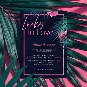 Convite Lucky In Love Neon Pink Retro Casamento Tropical