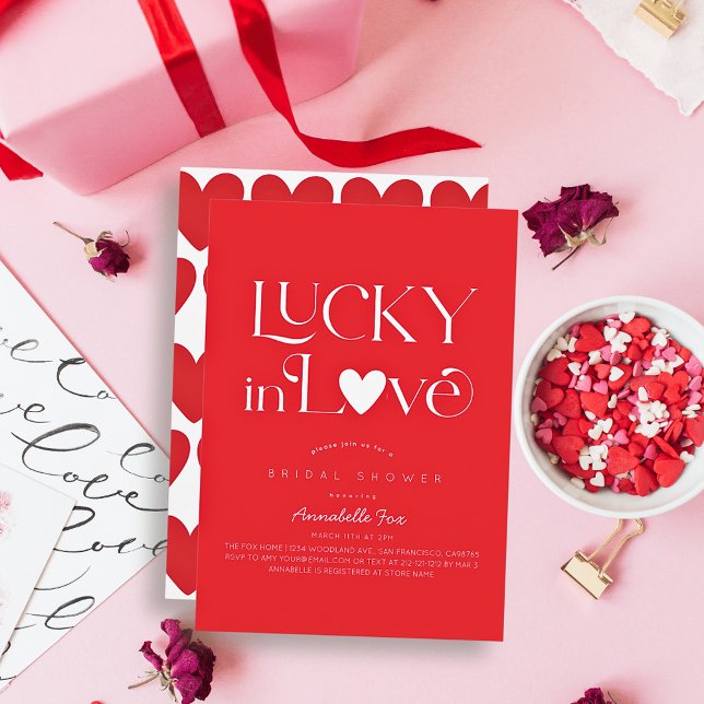 Convite Lucky in Love Red Heart Bridal Shower (Criador carregado)