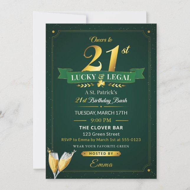 Convite Lucky & Legal 21st Birthday Green & Gold Glitter (Frente)