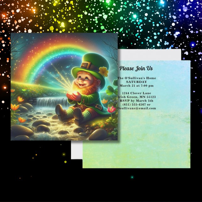 Convite Lucky Leprechaun Dourado Rua Arco-Íris Praça de Pa (Lucky Leprechaun Gold Rainbow St Patrick's Square Invitation)