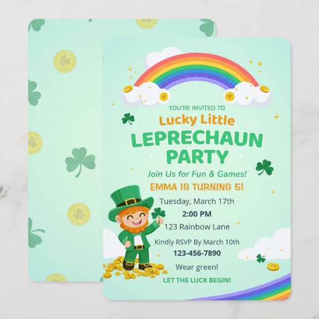 Convite Lucky Little Leprechaun Rainbow Kid Birthday Party (Frente/Verso)