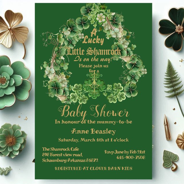 Convite Lucky Little Shamrock Green Dourado Chá de fraldas (Lucky Little Shamrock Green Gold Leaf Baby Shower Invitation)