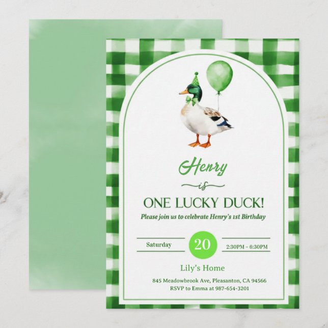 Convite Lucky One 1st Birthday Invitation Duck & Shamrock (Frente/Verso)