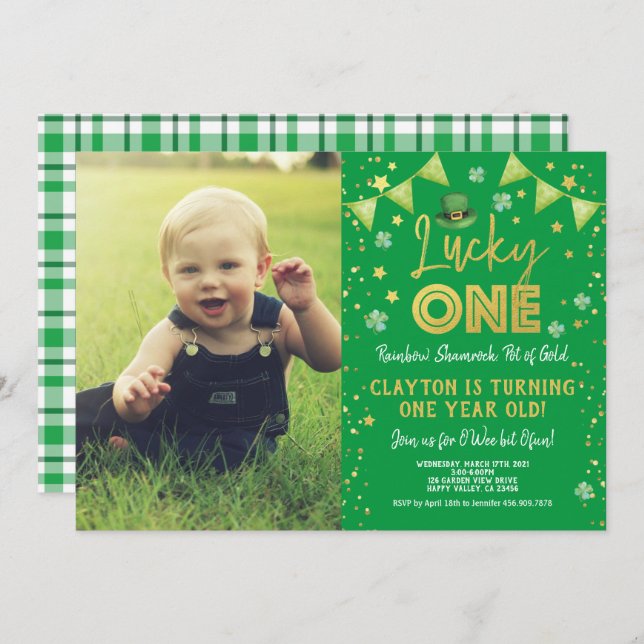 Convite Lucky One First Birthday Photo (Frente/Verso)