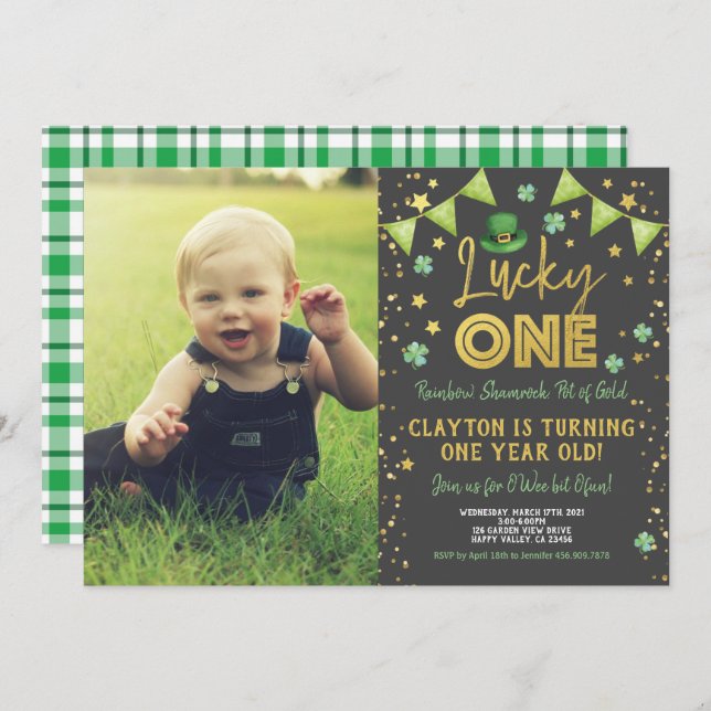 Convite Lucky One First Birthday Photo (Frente/Verso)