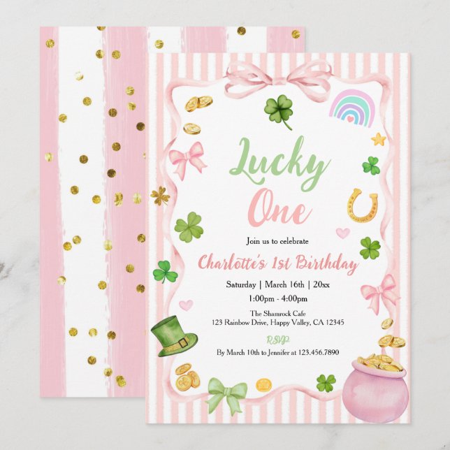 Convite Lucky One Girl 1st Birthday Invitation Pink Gold (Frente/Verso)