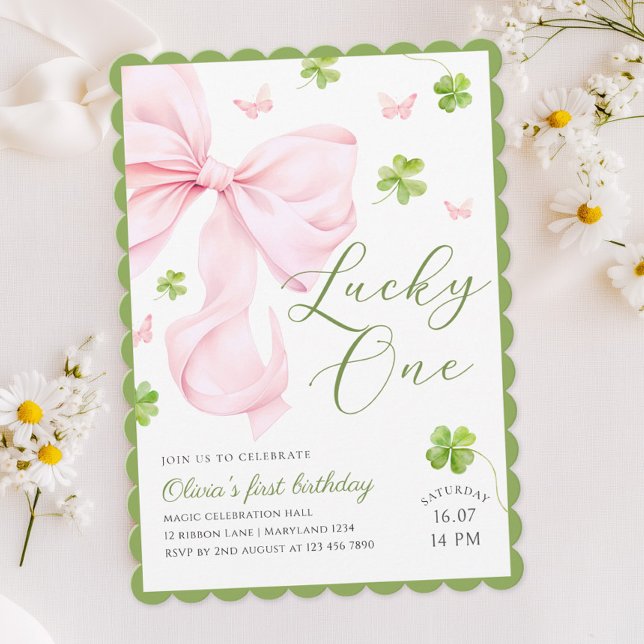 Convite Lucky One Pink Bow 1st Birthday Invitation (Criador carregado)