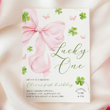 Lucky One Pink Bow 1st Birthday Invitation