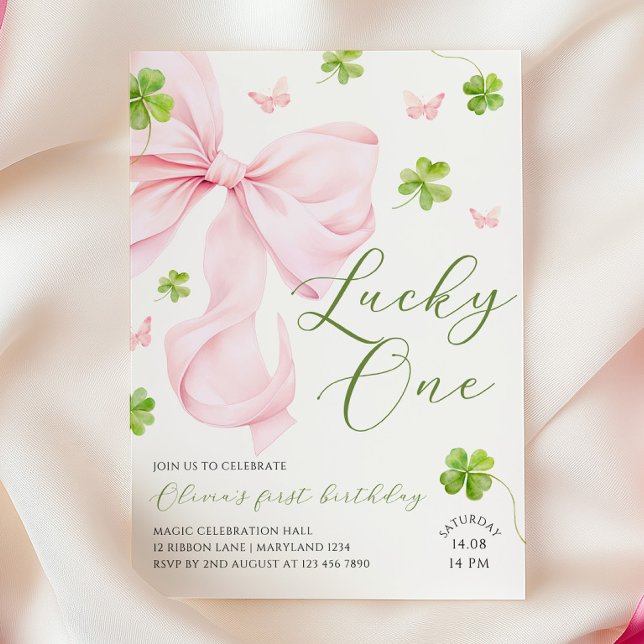 Convite Lucky One Pink Bow 1st Birthday Invitation (Criador carregado)