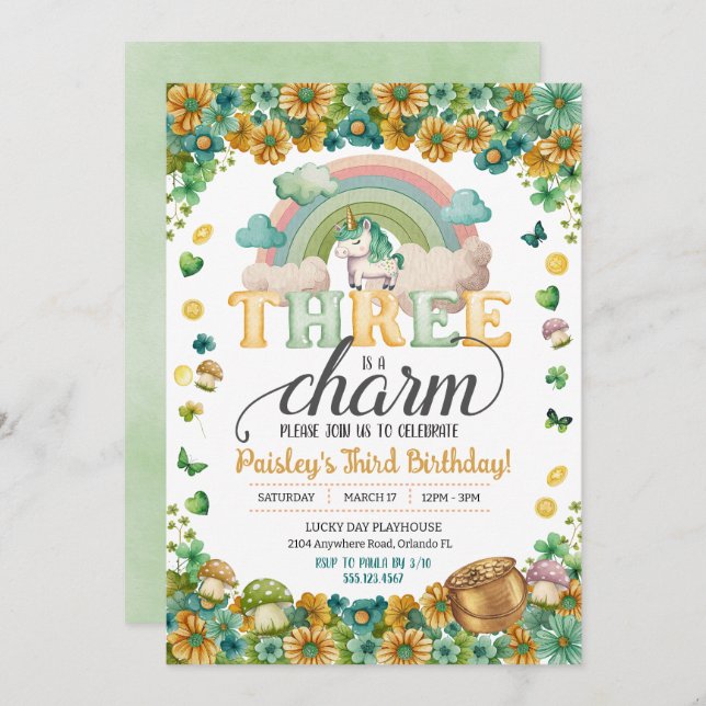 Convite Lucky Rainbow Unicorn Three É Um Charme Aniversári (Frente/Verso)