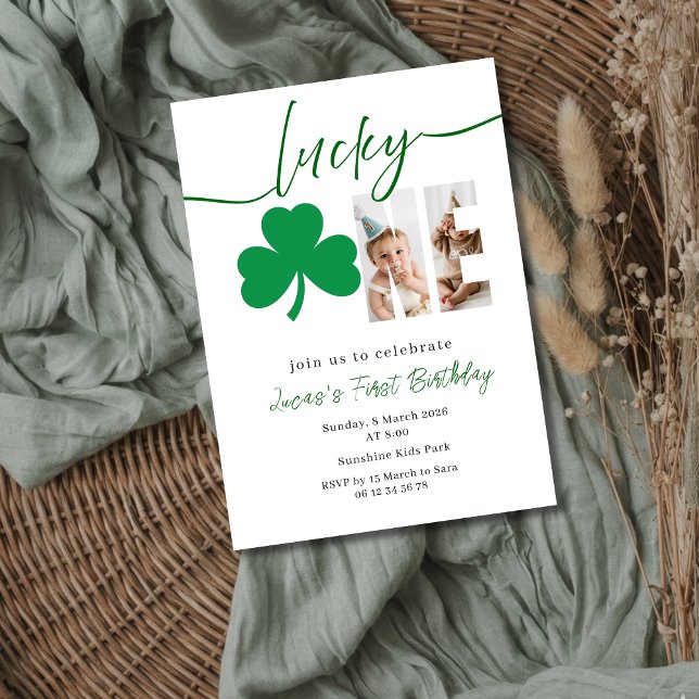 Convite Lucky Shamrock First Birthday Photo Editable  (Criador carregado)