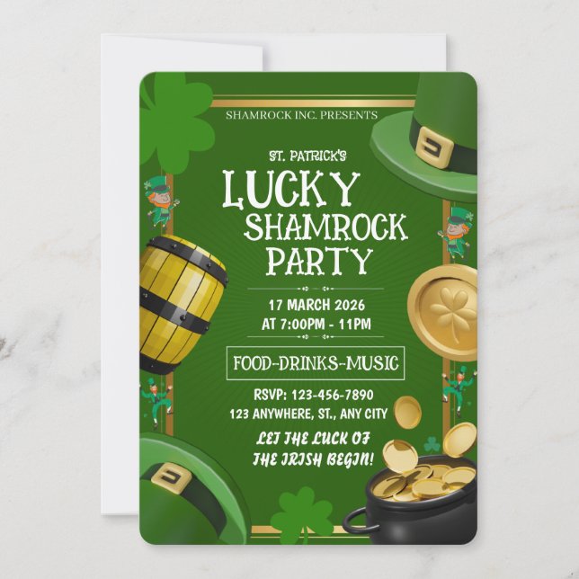 Convite Lucky Shamrock Party St. Paddy's Day Customizable (Frente)