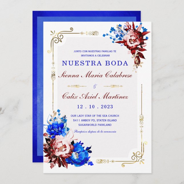 Convite Lujo De Boda en Burdeos y Azul (Frente/Verso)
