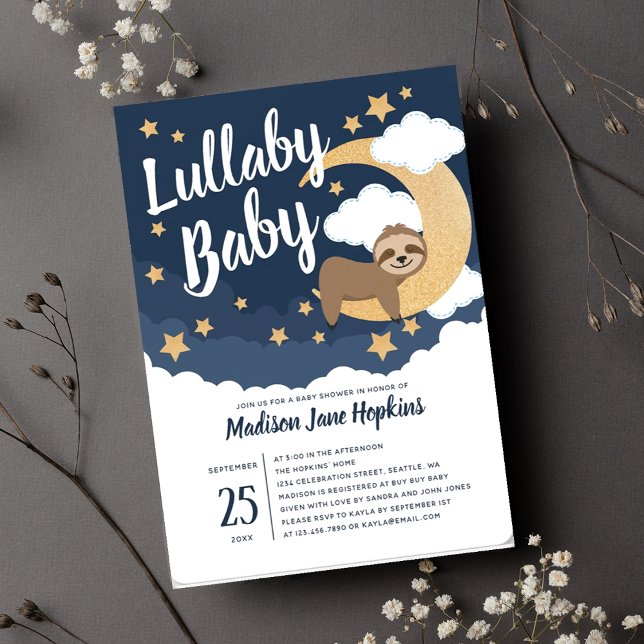 Convite Lullaby Baby Sloth Moon Chá de fraldas (Criador carregado)