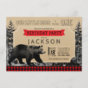 Convite Lumberjack Aniversário Xadrez Búfalo Pequeno Urso