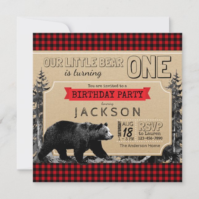 Convite Lumberjack Aniversário Xadrez Búfalo Ursinho (Frente)
