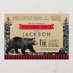 Convite Lumberjack Aniversário Xadrez Búfalo Ursinho