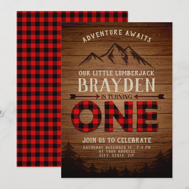 Convite Lumberjack Buffalo Xadrez Primeiro Aniversário (Frente/Verso)