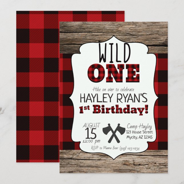 Convite Lumberjack Buffalo Xadrez Selvagem Um primeiro ani (Frente/Verso)
