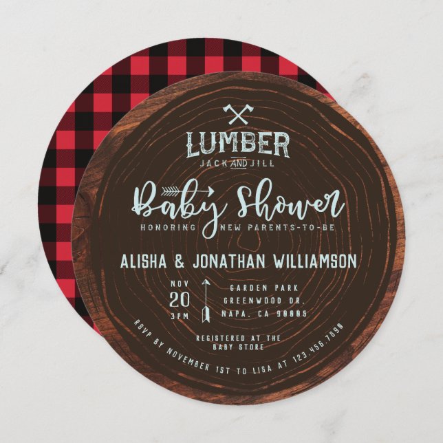 Convite Lumberjack e Jill Baby Boy Chá Madeira e Xadrez ve (Frente/Verso)
