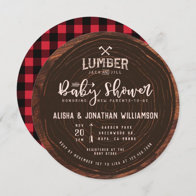 Convite Lumberjack e Jill Baby Girl Chá Madeira Xadrez ver (Frente/Verso)