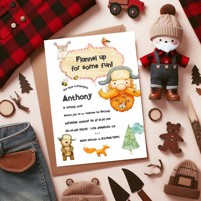 Convite Lumberjack Kids Gingham Festa de aniversário Foto (Lumberjack Kids Gingham Birthday Party Photo Invitation)