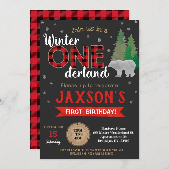 Convite Lumberjack Winter Onederland Birthday Invances (Frente/Verso)