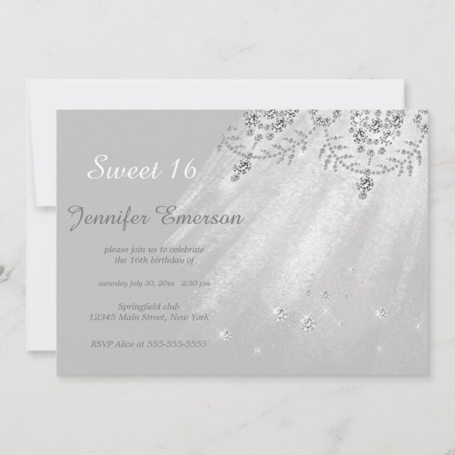 Convite Luminosa de Prata e Vestido Branco Doce 16 Invit (Frente)