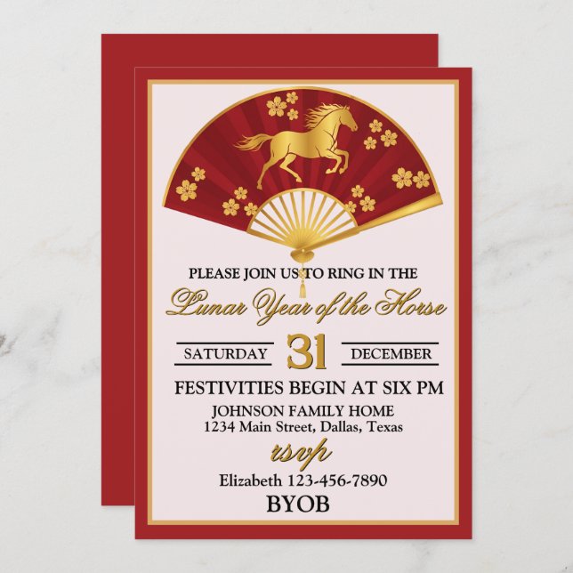 Convite Lunar Year of the Horse New Years Eve Party (Frente/Verso)