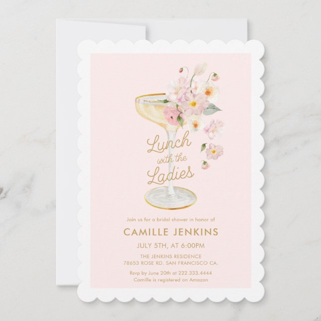 Convite Lunch with the Ladies Pink Bridal Brunch (Frente)