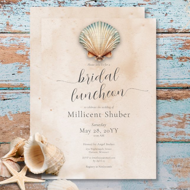 Convite Lunchedo Bridal de Areia Costeira Moderna (Modern Coastal Seashell Sand Bridal Luncheon Invitation)