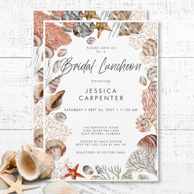 Convite Lunchedo Bridal de Frame Tropical de Seashell Mode (Modern Tropical Seashell Frame Bridal Luncheon Invitation)