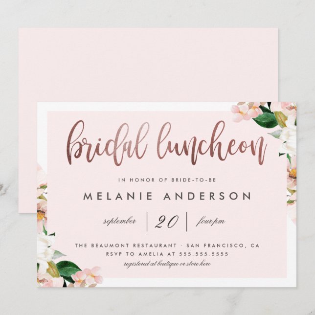 Convite Lunchedo de Bridal com Rosa Floral de Dourada Flor (Frente/Verso)