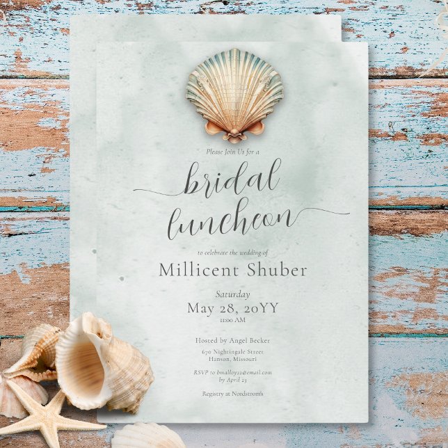 Convite Lunchedo Moderno de Seashell Aqua Bridal (Modern Coastal Seashell Aqua Bridal Luncheon Invitation)