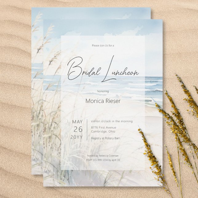Convite Lunchedo Moderno de Watercolor Beach Bridal (Modern Seaside Watercolor Beach Bridal Luncheon Invitation)