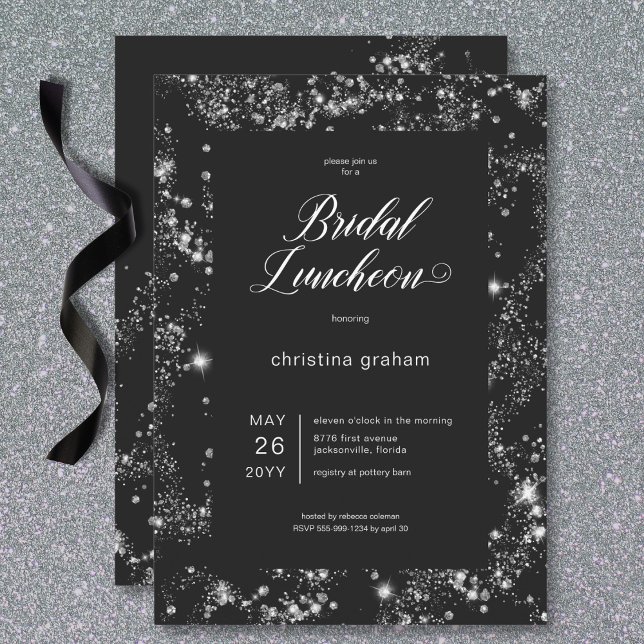 Convite Lunchedo Negra Moderno de Glam Diamante Molhado Br (Modern Black Glam Diamond Frame Bridal Luncheon Invitation)