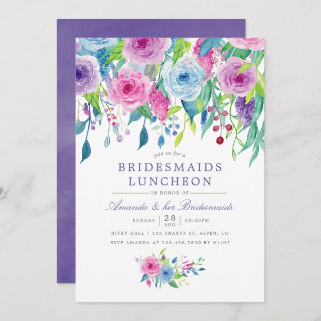 Convite Luncheia Floral de Bridesmaid Ultra Violet Waterco (Frente/Verso)