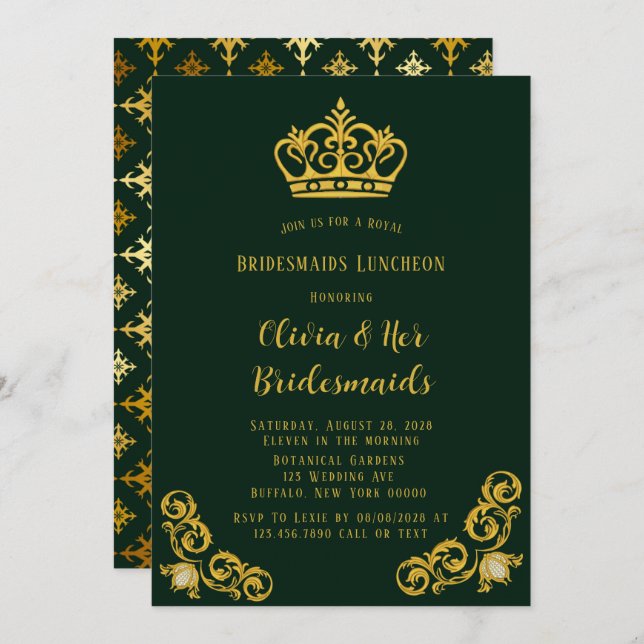 Convite Luncheia Real das Bridesmaids verdes e Douradas (Frente/Verso)