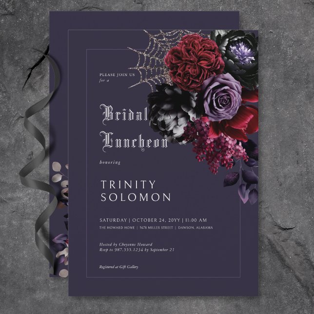 Convite Luncheo Floral e Silver Puro Escuro (Dark Purple Floral & Silver Web Bridal Luncheon Invitation)
